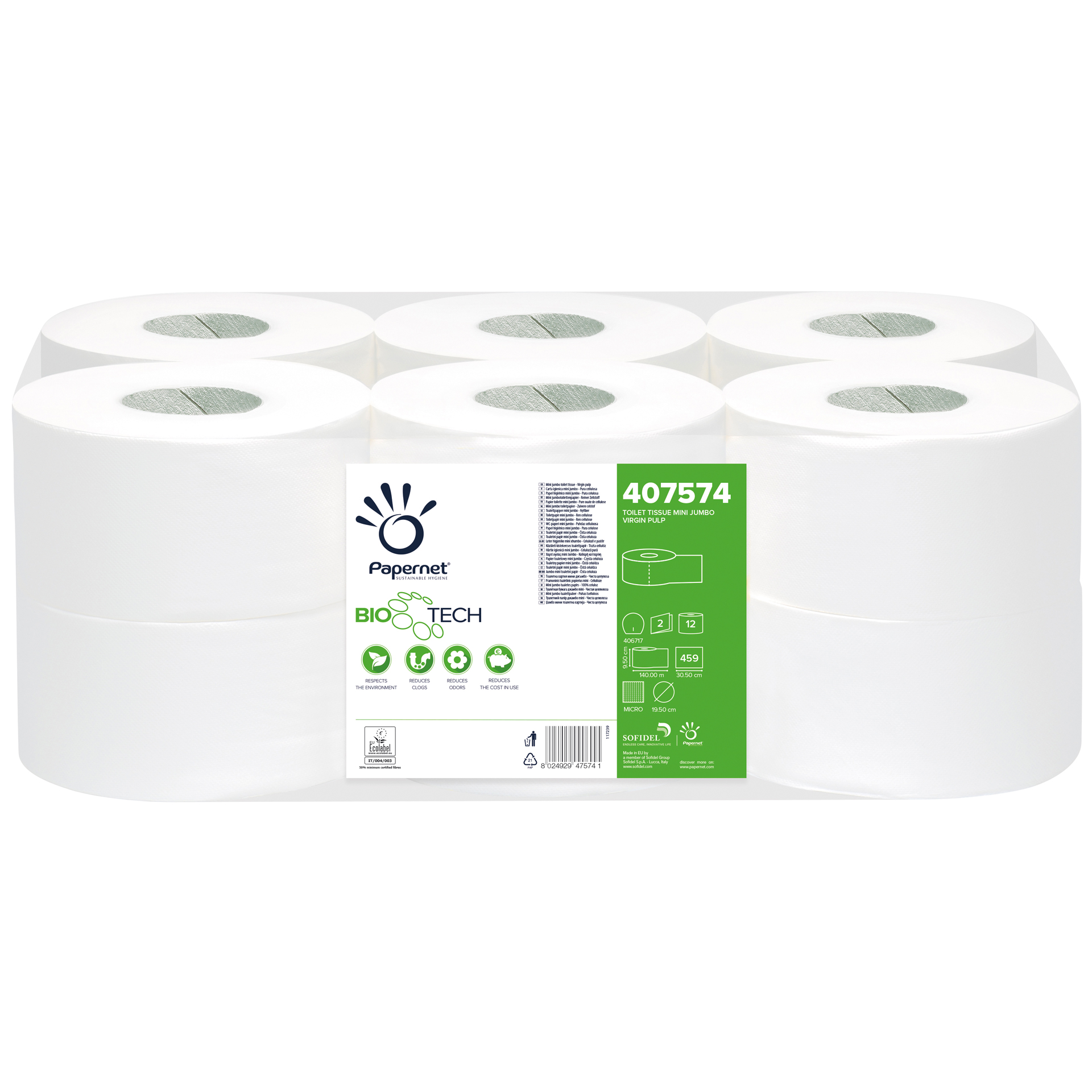 Papernet Selbstauflösendes Toilettenpapier Bio Tech 2-lagig 12 Mini Jumbo Rollen